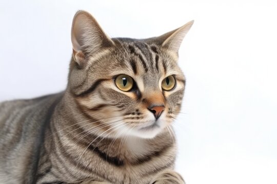 A gray tabby cat sits on a white background and looks away from the camera.