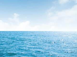 Sea Ocean Horizon Background, Blue Water Calm Still Texture Surface Wave  View Summer with Light Day Cloud Clear Sky Tropical Landscape Nature 