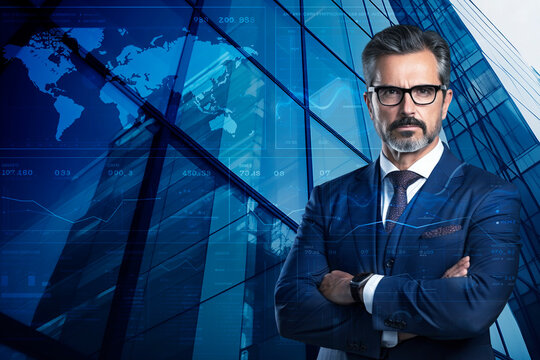 Confident businessman in blue suit and eyeglasses posing with arms crossed standing over digital world map with data charts, stats and modern office building facade, Business success concept