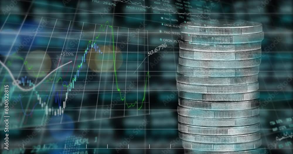 Poster animation of financial data processing over stack of silver coins