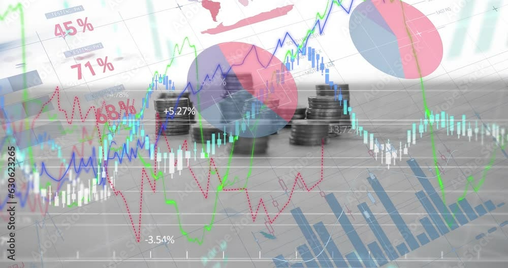 Aufkleber animation of financial data processing over stacks of coins