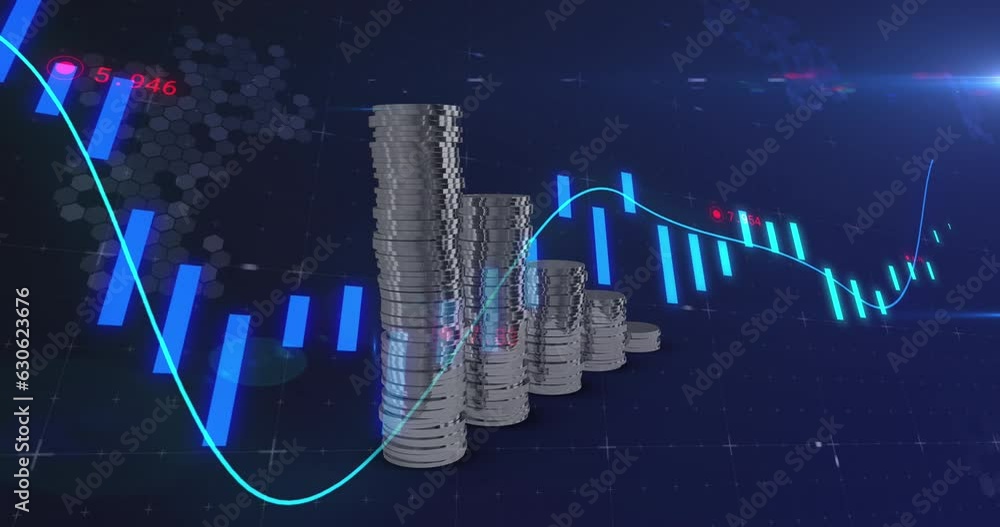 Poster animation of financial data processing over stacks of coins