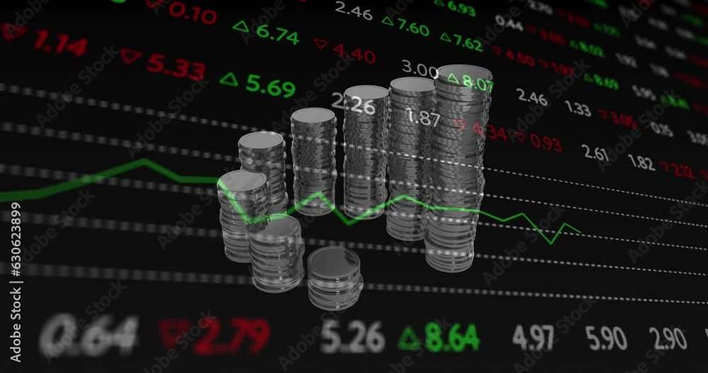 Poster animation of financial data processing over stacks of coins