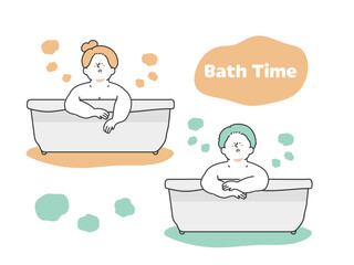 バスタブでリラックスする男性と女性　イラスト