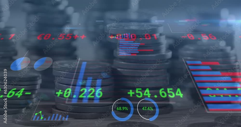Poster animation of financial data processing over stacks of coins
