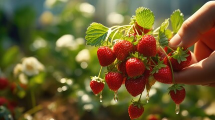 Fototapeta premium Close-up of female hand picking fresh strawberries from strawberry tree in greenhouse.
