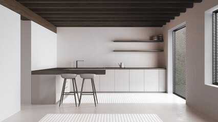 Minimal dark wooden kitchen in white and beige tones. Resin floor and wooden ceiling. Cabinets, island with stools and appliances. Japandi interior design