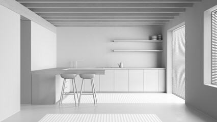 Total white project draft, minimal wooden kitchen. Resin floor and wooden ceiling. Cabinets, island...