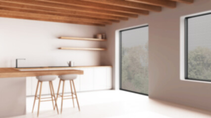 Blurred background, wooden minimal kitchen with resin floor. Beams ceiling, cabinets, island with stools and panoramic window. Japandi interior design