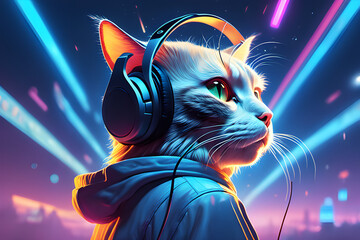 Hip cat who listens to music with headsets on.Generative AI