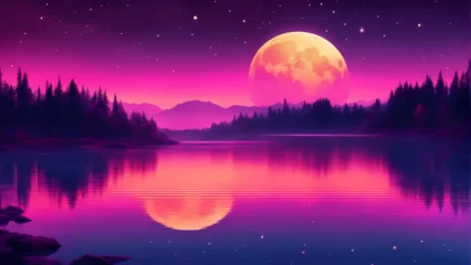 Washable wall murals Pink night landscape with moon and stars