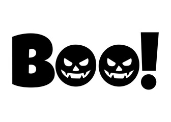 Logo con texto manuscrito boo con caras de calabaza de  halloween Jack O Lantern en letra o