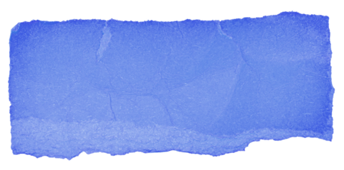 Single piece of isolated ripped crumpled blank blue paper with copy space for text on white or transparent background

