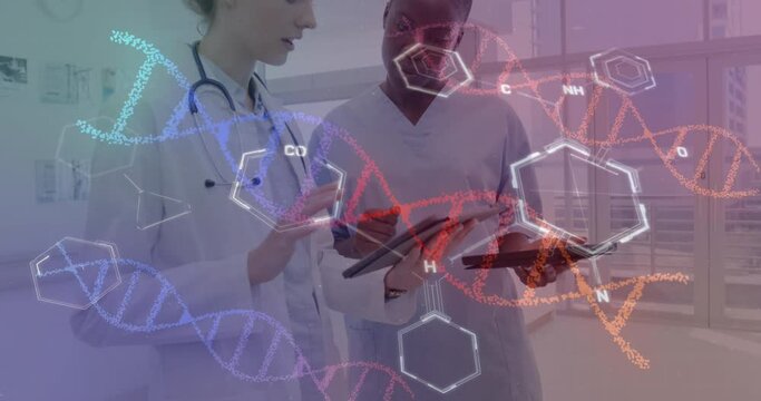 Animation of dna and data processing over diverse doctors in hospital