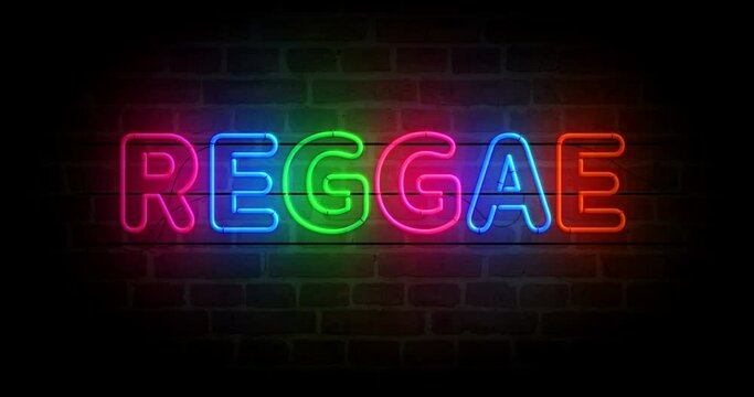 Reggae neon symbol on brick wall. Freedom jamaica culture retro style  light color bulbs. Loopable and seamless abstract concept animation.