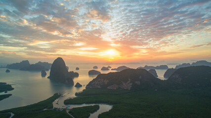 .aerial view Amazing light of nature cloudscape sky above Samed Nang Chee Phang Nga archipelago....