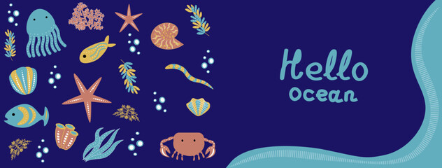 World Ocean Day. Vector set of sea animals - octopuses, crabs, fish, shellfish and the inscription - hello ocean.