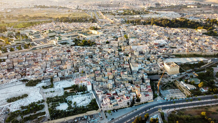 Aerial drone view of Fes at sunset, Morocco