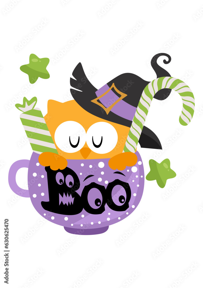 Wall mural cup halloween treats or tricks with cute owl