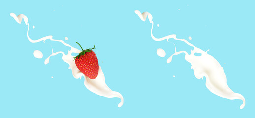 Fototapeta na wymiar Strawberries fall into milk, shattered 3d rendering_EP4