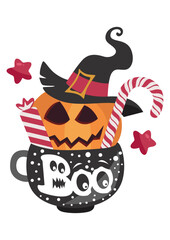 Cup halloween treats or tricks with pumpkin