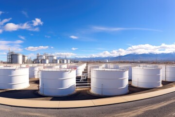 Tank farm with rows of oil storage tanks.