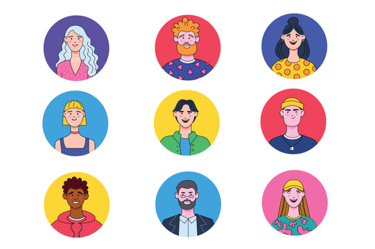 Avatars icons in the flat cartoon design. Colorful images of avatars with young people, which are common everywhere. Vector illustration.
