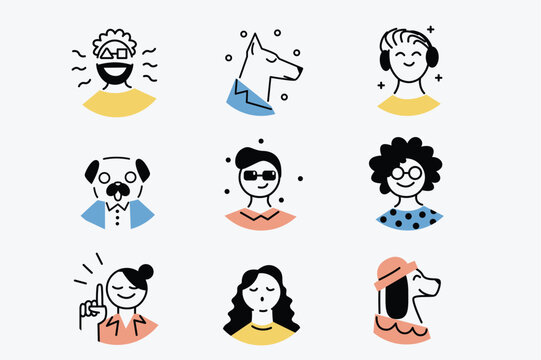 People and dogs icons in the flat cartoon style. Pictures of people with their pets in whimsical line style. Vector illustration.