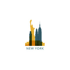 USA United States New York cityscape skyline city panorama vector flat modern logo icon. US American Big Apple city emblem idea with landmarks and building silhouette