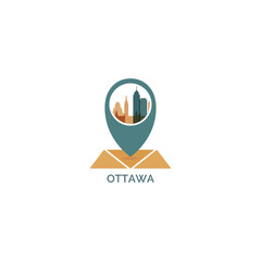 Canada, Ottawa map pin point, geolocation icon, skyline shape vector logo, isolated illustration. Ontario province emblem concept layout with landmarks and buildings