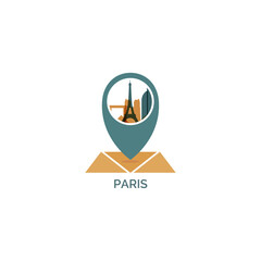 France Paris city map pin point geolocation modern skyline shape pointer vector logo icon isolated illustration. French capital pointer emblem with landmarks and building silhouettes