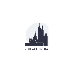 Obraz premium USA United States Philadelphia cityscape skyline city panorama vector flat modern logo icon. US Pennsylvania Commonwealth American emblem idea with landmarks and building silhouette at sunrise