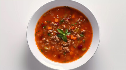 Iisolated soup in a plate top down view white background. Generative AI technology.