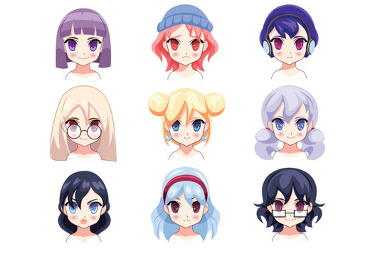 Anime avatars icons in the flat cartoon design. Images with different anime characters with unique features. Vector illustration.
