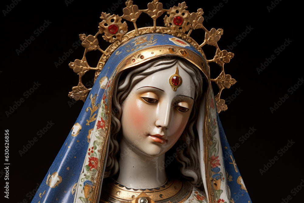 Wall mural virgin mary statue with crown on black background, close-up. - Wall murals