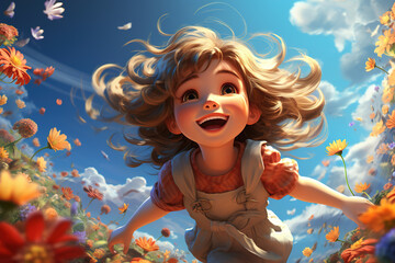 Joyful child running through meadow of flowers on sunny day, happy cheerful girl child playing outdoors, carefree childhood illustration wide angle