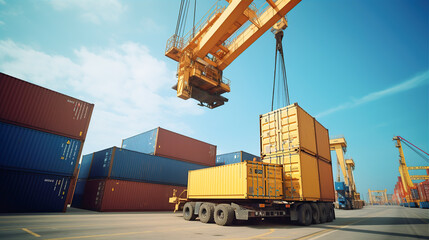 Stack of containers cargo ship import/export in harbor port.
