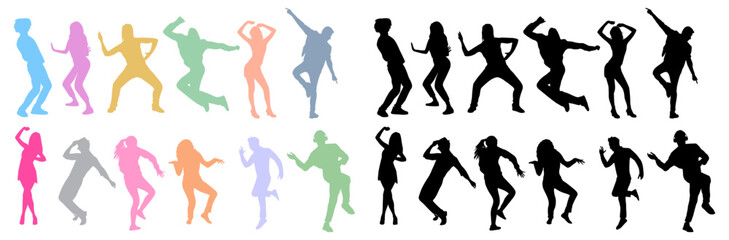 Fototapeta na wymiar Dancing people silhouettes black and colorful. Teenagers, Young girl and boy dancing street dance, hip hop at party or night club. Outline vector drawing isolated on transparent background. 