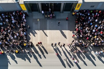 Obraz premium top down view of a crowd of people waiting for the store opening, ai tools generated image