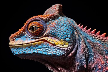 Fototapeta premium close up portrait of a beautiful chameleo isolated on black, ai tools generated image