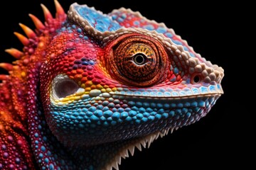 Obraz premium close up portrait of a beautiful chameleo isolated on black, ai tools generated image