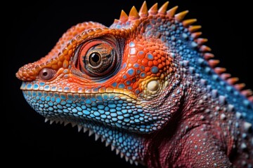 close up portrait of a beautiful chameleo isolated on black, ai tools generated image