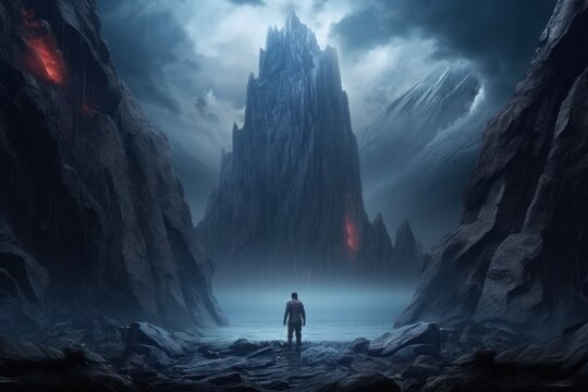 back view of a man standing in front of the entrance to the scary dark rocky land, ai tools generated image