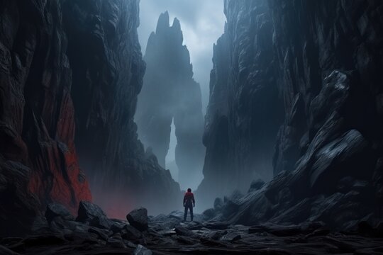 back view of a man standing in front of the entrance to the scary dark rocky land, ai tools generated image