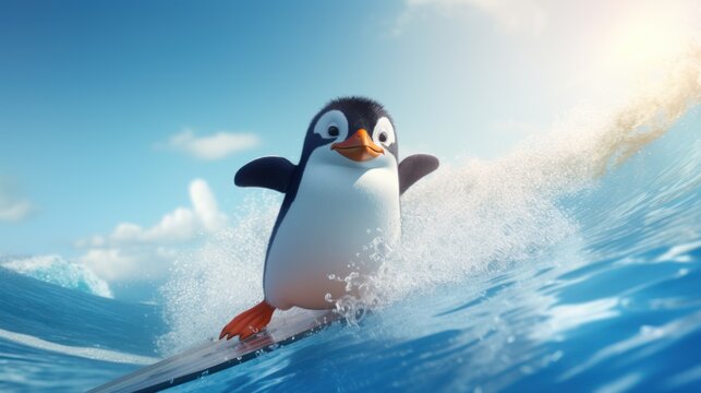 funny little penguin character riding a surfboard, ai tools generated image