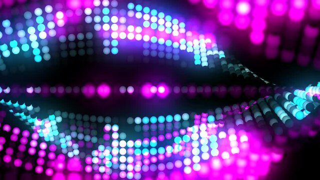 3d waving and spinning rotation many flickering and glowing small dots pattern overlay. Magenta blue and ultra violet moving. Abstract modern digital animated background
