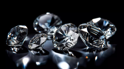 Diamond with reflections of light, on a black background. Generative AI technology.