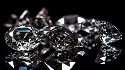 Diamond with reflections of light, on a black background. Generative AI technology.