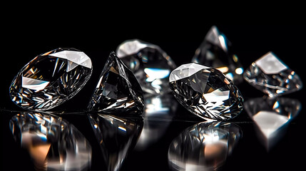 Diamond with reflections of light, on a black background. Generative AI technology.