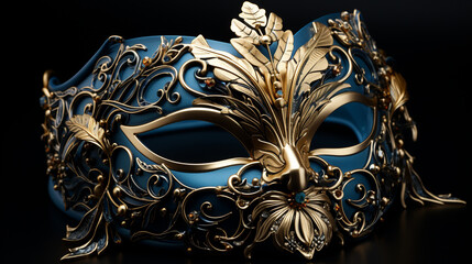 A blue and gold masquerade mask with gold leaves on black background. Generative ai